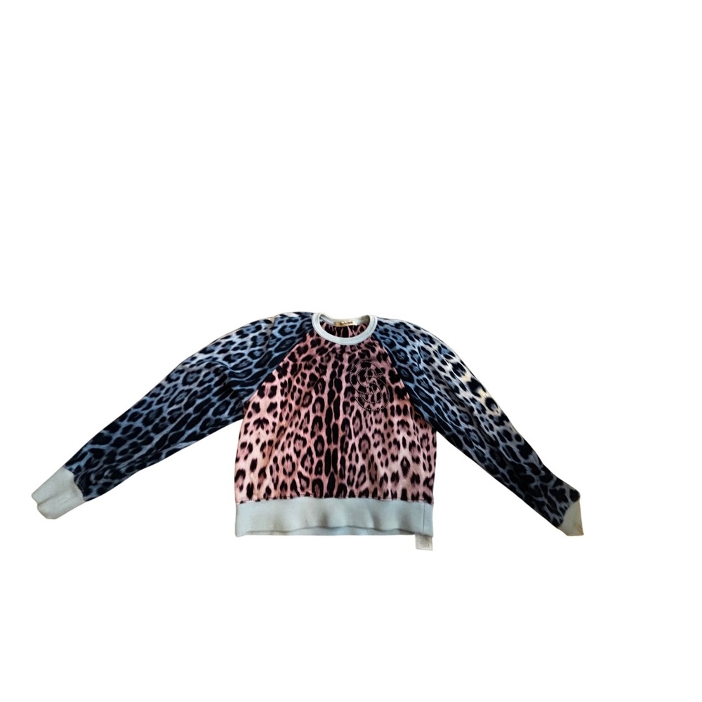 Roberto Cavalli Leopard Print Sweatshirt M Pink Blue Studded Logo Italy